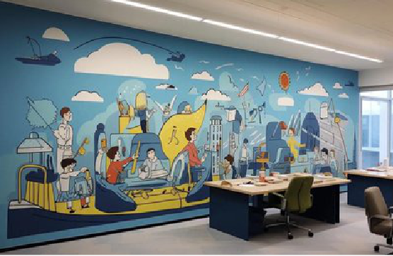  延长办公室墙绘的特点。